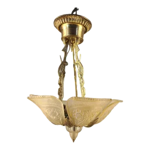 Early 20th Century Art Deco Bronze/Brass 6 Light Slip Shade Chandelier Amber Glass Shades
