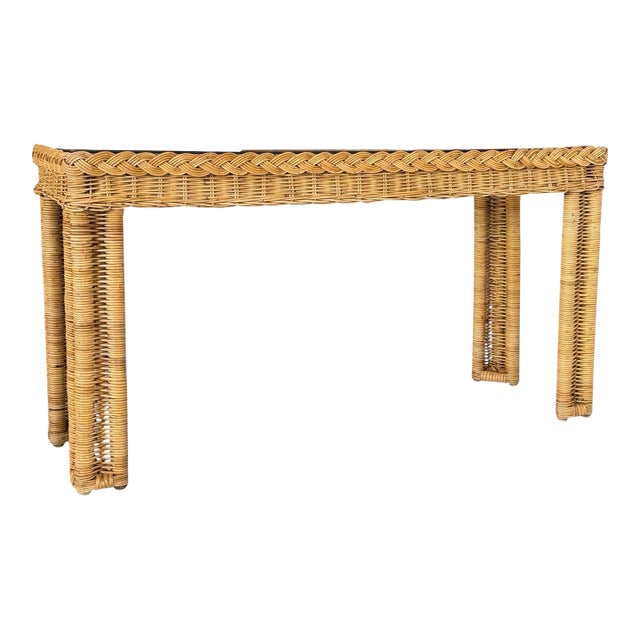 Vintage Handwoven Braided Rattan Console Table Glass Insert For Sale