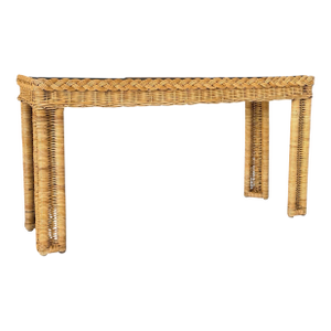 Vintage Handwoven Braided Rattan Console Table Glass Insert