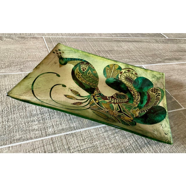 Gold Late 20th-Century Whimsical Reverse Painted Glass Peacock Tray For Sale - Image 8 of 18