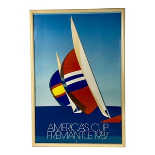 1987 Vintage Modernist Stewart Merrett Coastal Nautical America’s Cup Framed Poster For Sale