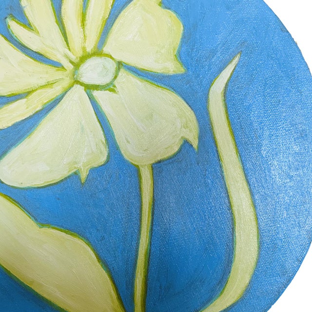 Original Round Flower Painting, Blue Green Yellow Botanical Wall Art, Oil on Circle Canvas by Tatiana Duperault For Sale - Image 4 of 5