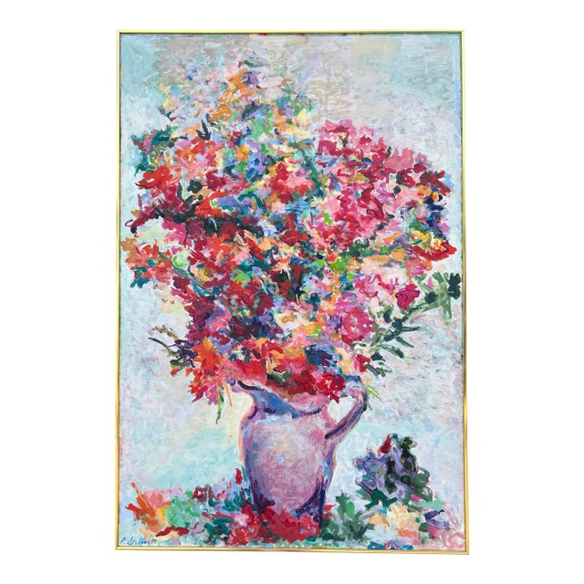 Vintage 1970’s Large Impressionist Floral Oil Painting, Framed For Sale