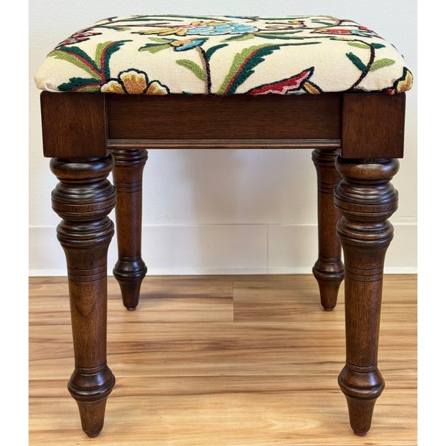 Wood Newly Upholstered Vintage Bombay Company Turned Wood Stool For Sale - Image 7 of 11