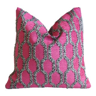 Modern Contemporary Geometric Pink W/ Black & White Shag Velvet Feather/Down Pillow 21" Square For Sale