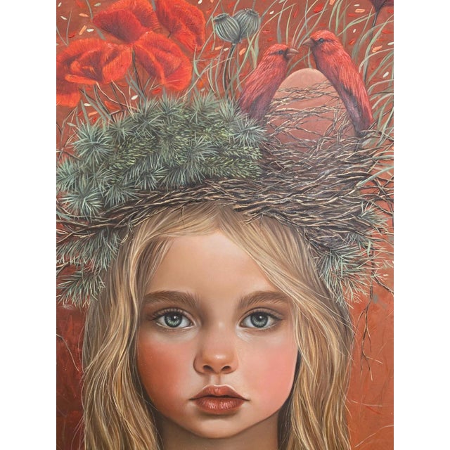 The artwork features a young girl adorned with a striking crown of poppies and natural elements, creating a harmonious...