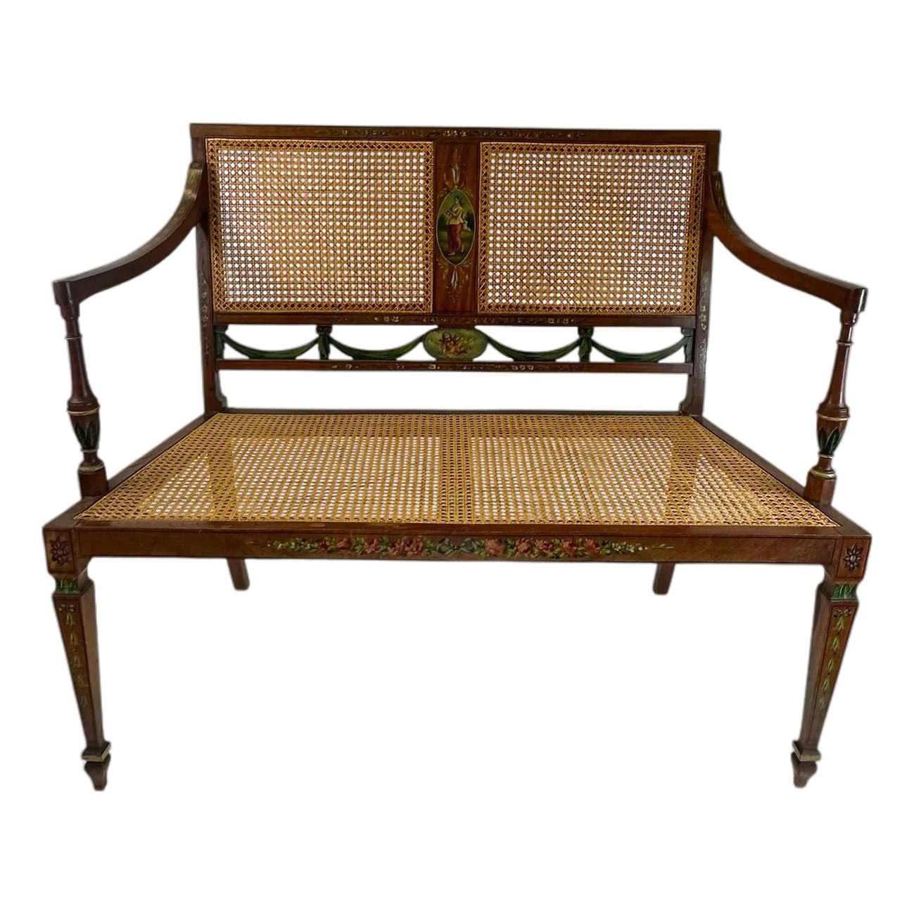 Antique Adam's Style Satinwood Hand-Painted Caned Bench | Chairish