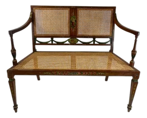 Antique Adam's Style Satinwood Hand-Painted Caned Bench