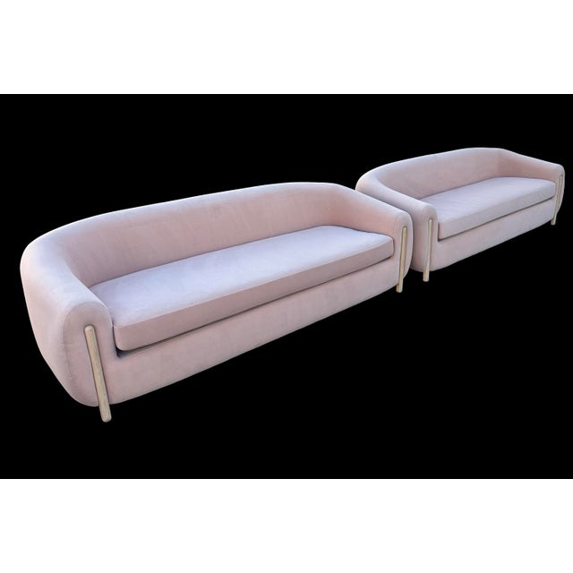 Contemporary Pair of Curved Blush Velvet Sofas – Sculptural Modern Seating For Sale - Image 3 of 11