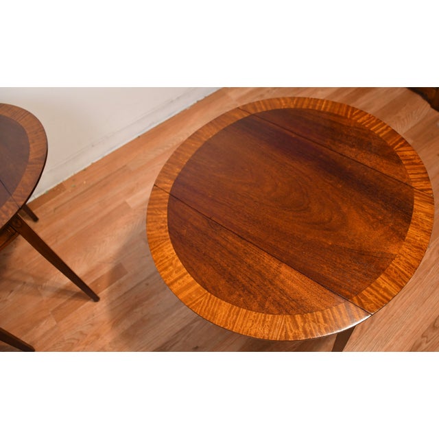 1930s Pair of English Regency Mahogany Banded Satinwood Pembroke Side Tables / End Tables For Sale - Image 12 of 16