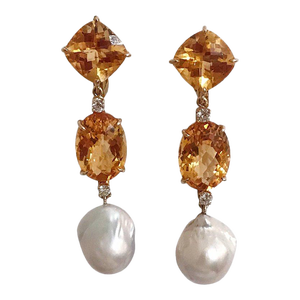 Christina Addison Elegant Three-Stone Drop Earring With Citrine and Baroque Pear and Diamonds