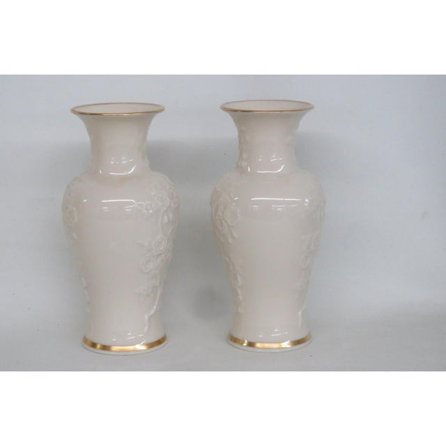 Lenox Ming Blossom Vase Pair of 2 Embossed Ivory Porcelain With Gold Trim 4930b For Sale - Image 15 of 17