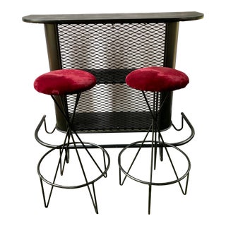 1950s Vintage Frederick Weinberg Mid-Century Modern Wrought Iron Bar & Red Velvet Stools - Set of 3 For Sale