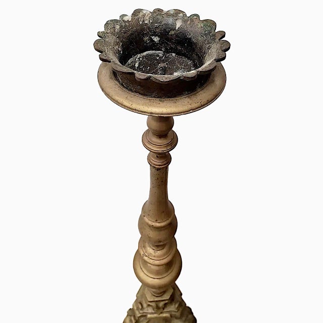 A Pair of Early 18th-Century Brass Altar/Mantel Candle Holders For Sale In San Francisco - Image 6 of 11
