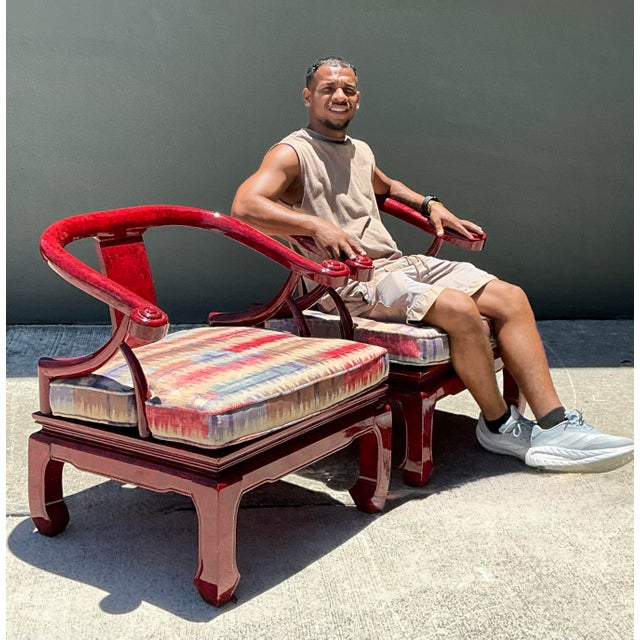 Vintage Candy Apple Lacquer Horseshoe Chairs After James Mont - A Pair For Sale In West Palm - Image 6 of 12