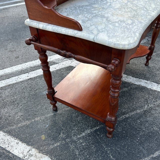 Rustic European Antique French Wood Vanity/ Wash Stand With Pivoting Antiqued Mirror, Marble Top and Towel Bars For Sale - Image 3 of 12