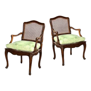 Late 19th Century Pair French Louis XV Style Open Armchairs With Caned Seats and Backs