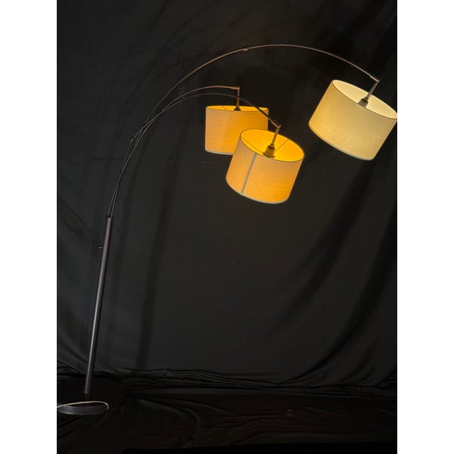 Modern Black Three-Light Arc Floor Lamp With Drum Shades For Sale - Image 4 of 8