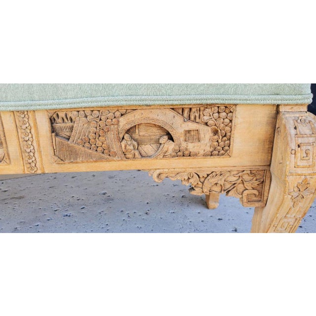 1920s 1920s Antique Chinese Hand Carved Upholstered Wooden Long Bench For Sale - Image 5 of 12
