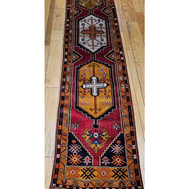 Vintage Turkish Oushak Runner, Handwoven Wool Pile, Geometric Pattern, 3' x 15' For Sale - Image 11 of 16