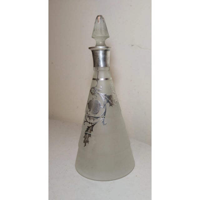 Art Deco Antique Sterling Silver Overlay Frosted Glass Liquor Claret Decanter Bottle For Sale - Image 3 of 12