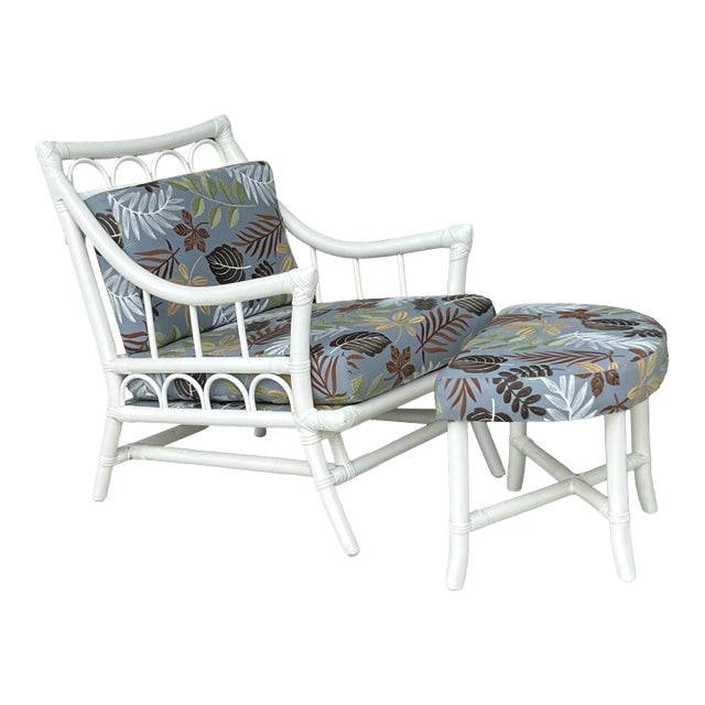 Mid 20th Century Willow and Reed Mid Century Rattan Lounge Chair With Ottoman For Sale