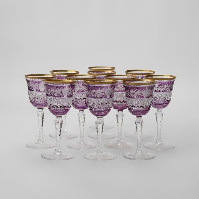 Art Nouveau Eleven Bohemian Amethyst Floral Cut to Clear Crystal Wine Cordial Goblets C1910 For Sale - Image 3 of 4