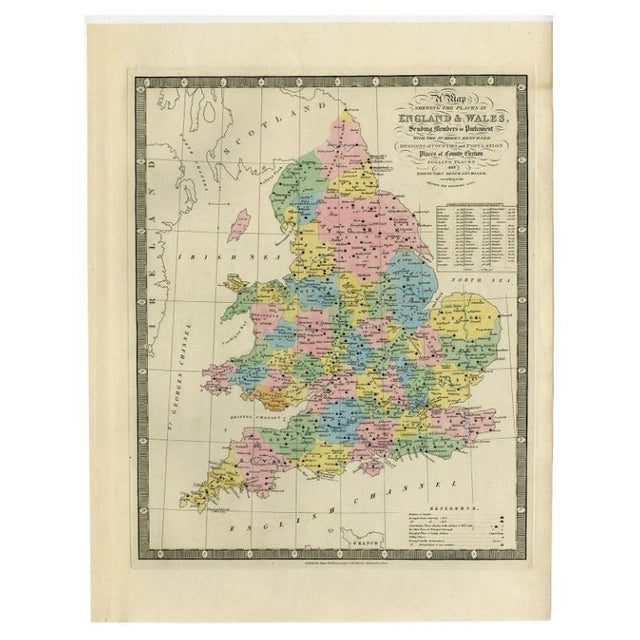 Antique map titled 'a map shewing the places in england & wales sending members to parliament with the numbers returned,...