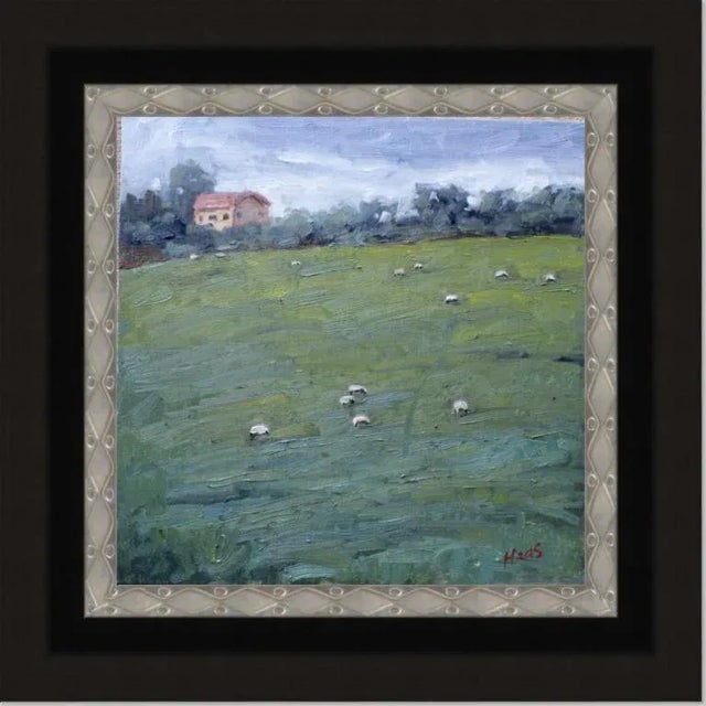Hazy Day Grazing on the Hillside. Countryside scene of some sheep grazing on the hillside. 12x12 oil on linen panel....