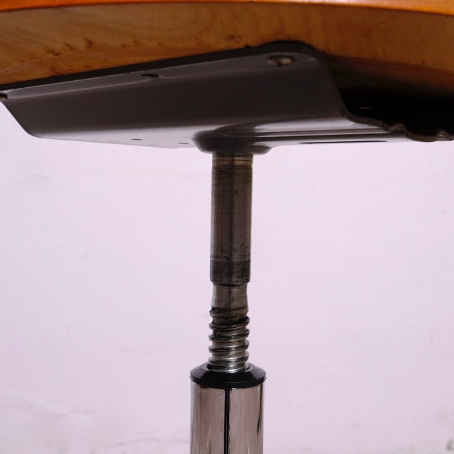 Industrial Adjustable Office Stool in Metal with Wooden Seat For Sale - Image 4 of 16