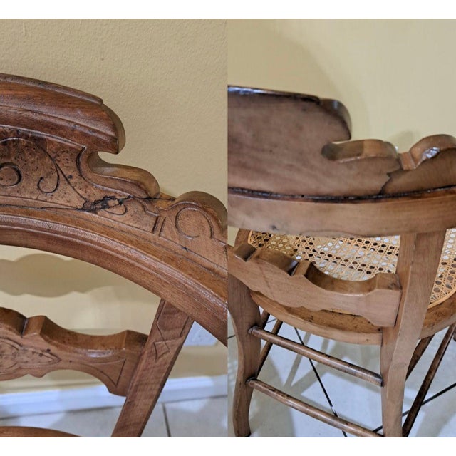 Antique 1800s Wood Chairs Pair Carved Back Recaned Seats Refinished For Sale - Image 13 of 13