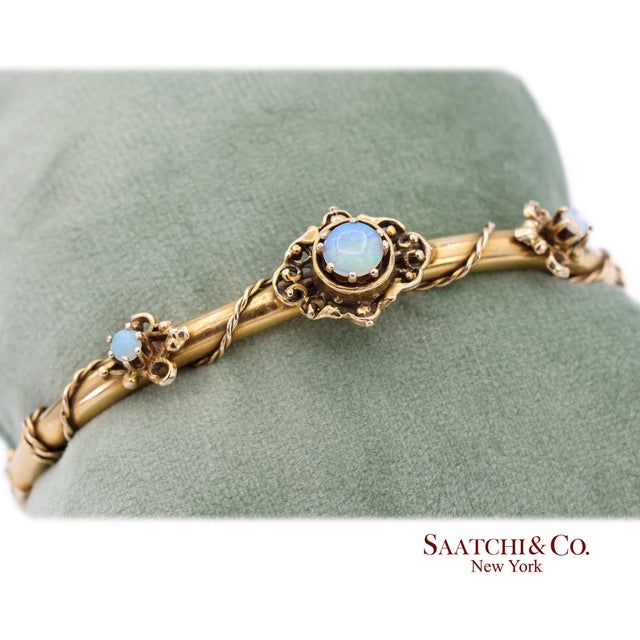Vintage 14k 585 Solid Yellow Gold Natural Opal Bangale Bracelet For Sale - Image 9 of 12