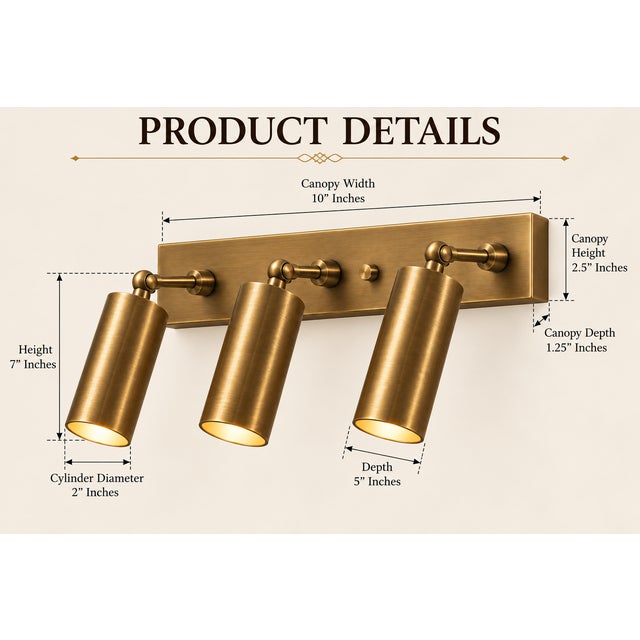 Metal Handcrafted Brass 3-Light Adjustable Vanity Sconce, Cylinder Wall Light for Bathroom & Mirror For Sale - Image 7 of 10