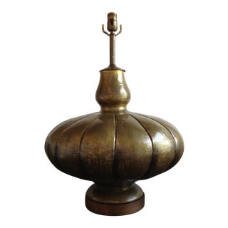 Large Hammered Brass Gourd Table Lamp For Sale