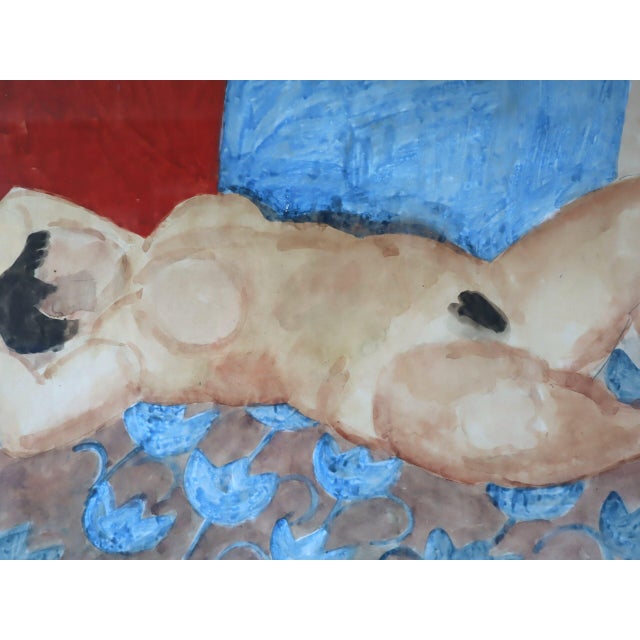 Mid-Century Modern 'Reclining Figure on Rug' Original Swedish Figurative Watercolour Painting, Framed For Sale - Image 10 of 12