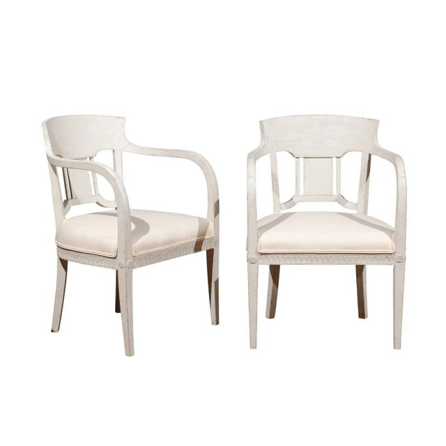 1870s Swedish Painted Wood Neoclassical Style Upholstered Armchairs - a Pair For Sale - Image 11 of 11
