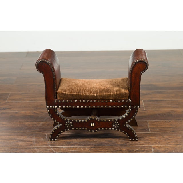 Petite English 1920s X-Form Leather Stool with Out-Scrolling Arms and Nailheads For Sale - Image 11 of 11