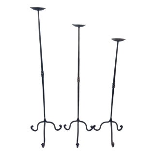 Hand Forged Iron Candelabra Set of 3 (92-112cm) Antique Copper Finish Straight Stem with French Scroll Base For Sale
