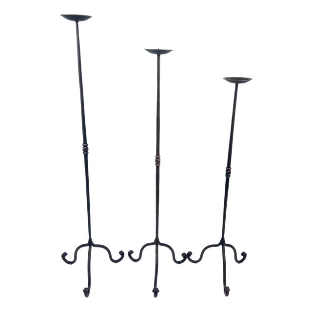 Hand Forged Iron Candelabra Set of 3 (92-112cm) Antique Copper Finish Straight Stem with French Scroll Base For Sale