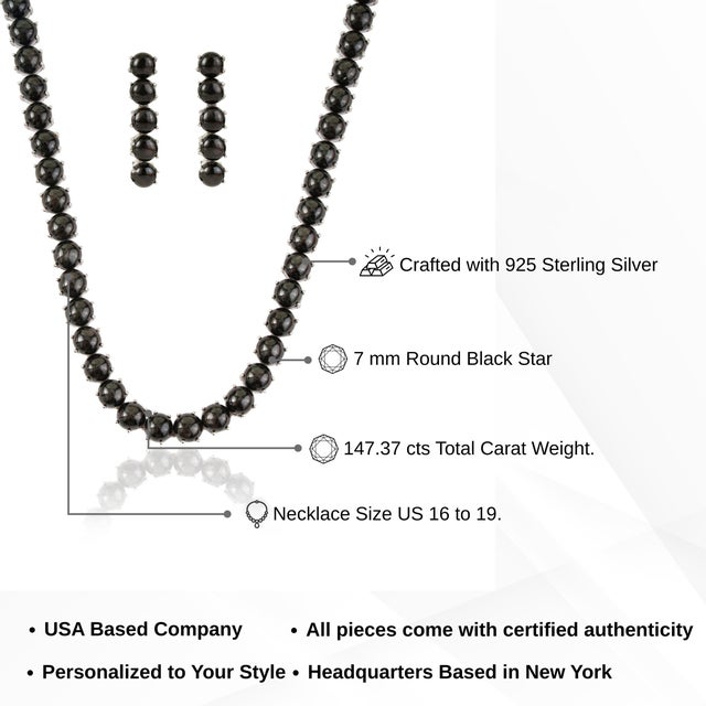 Victorian Style 147.37 Ct Black Star Cabochon Tennis Necklace With Drop Earrings Set - 3 Pieces For Sale - Image 13 of 15