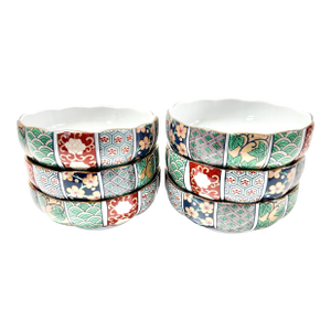 Vintage Japanese Imari 22k Gold Rice Bowls – Hand Painted Japanese Floral Vase Panel Design, Scalloped Rim - Set of 6