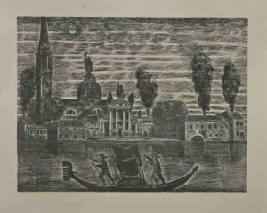 Gianpaolo Berto, Gondoliers in Venice, Etching, 1974