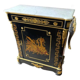 French Louis XVI Style Black Commode – Marble Top, Gold Leaf & Ornate Decorative Inlay For Sale