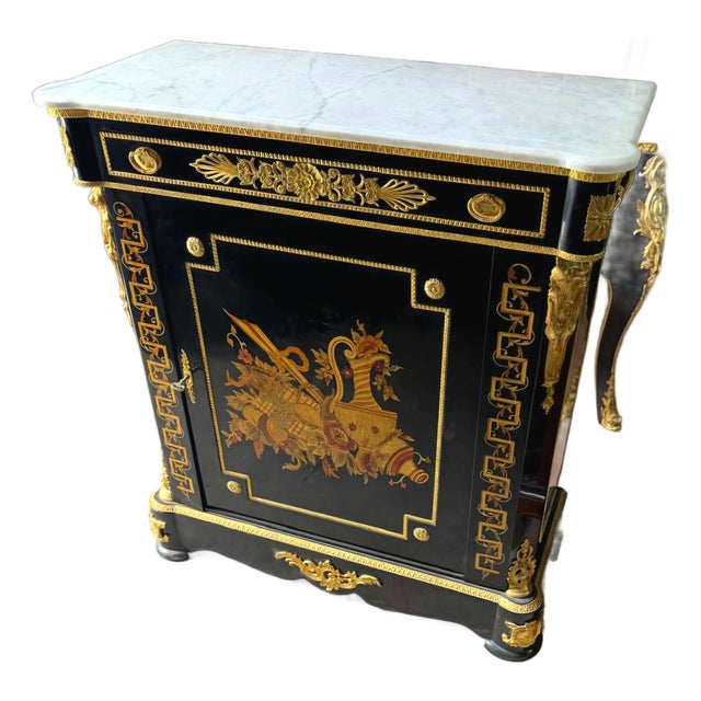 French Louis XVI Style Black Commode – Marble Top, Gold Leaf & Ornate Decorative Inlay For Sale