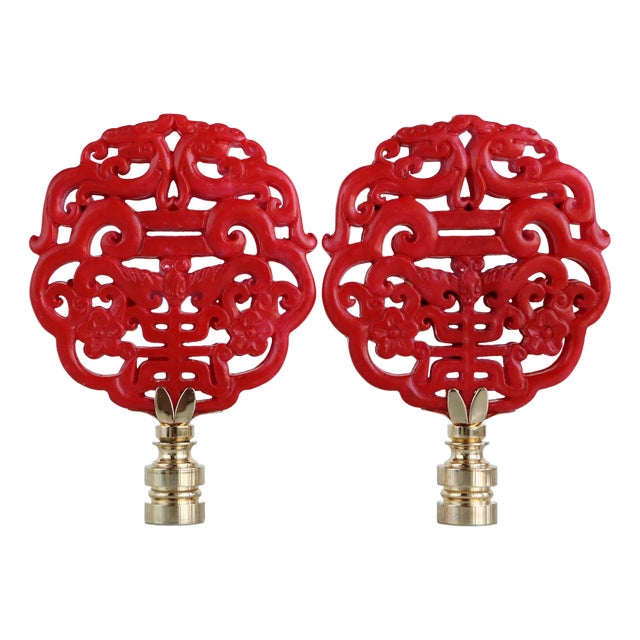 Chinese Longevity Symbol Lamp Finials on Golden Brass Hardware - A Matching Pair For Sale