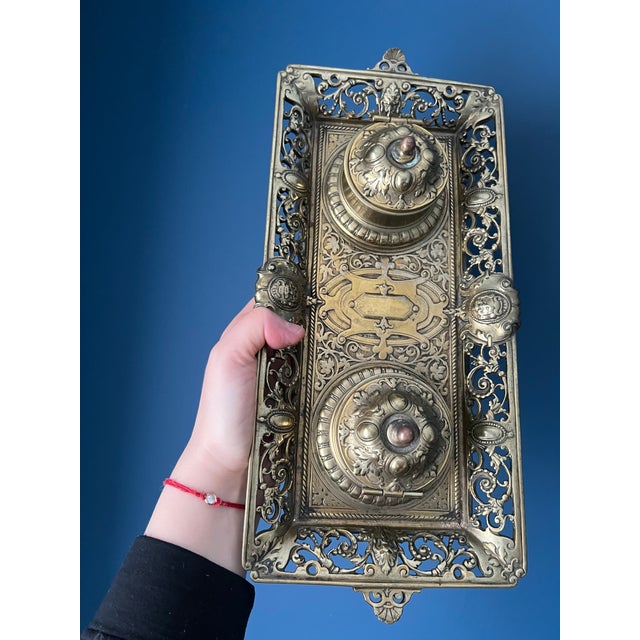Late 19th Century Antique Brass Double Inkwell Stand For Sale - Image 5 of 18