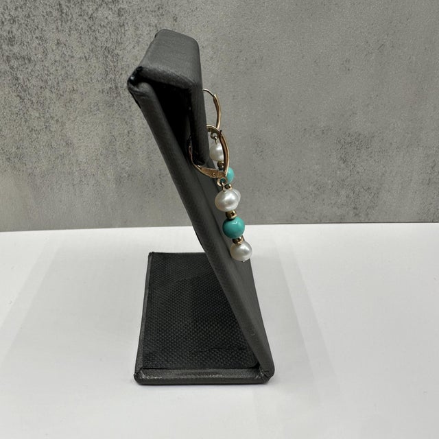 Contemporary Turquoise & Pearl Drop Earrings in 14kt Yellow Gold - 2.9g, Lever Backs, New, A Pair For Sale - Image 3 of 5