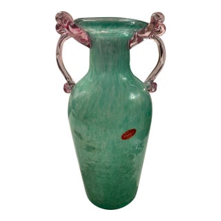 Vintage Murano Scavo Amphora Glass Vase Seafoam Blue Iridescent 12in For Sale