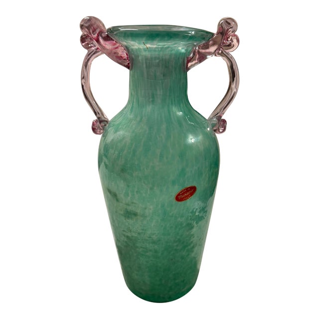 Vintage Murano Scavo Amphora Glass Vase Seafoam Blue Iridescent 12in For Sale