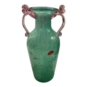Vintage Murano Scavo Amphora Glass Vase Seafoam Blue Iridescent 12in